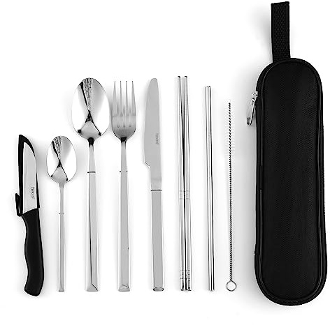 Hecef Travel Cutlery Set, Silver | Portable Camping Flatware Set for 1, Reusable 18/0 Stainless Steel, Sleek Case, For Picnics