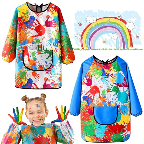 ANZOAT 2Pcs Malschürze Kinder,Wasserdicht Malkittel,Langarm Malschürze Kinder für 6-12 Jahre Mädchen/Junge,Bastelkittel Bastelschürze Kinder mit Ärmeln für Malen & Basteln Backen Kochen