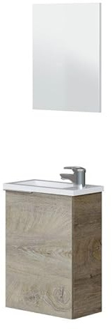 HOGAR24 ES Mueble de baño de 40 cm con 1 Puerta y Espejo. Color Roble Alaska. Lavabo Incluido