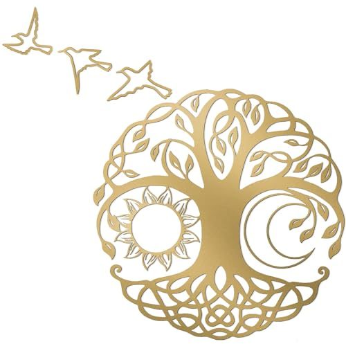 23in Baum des Lebens Sonne und Mond Metall Wandkunst, Baum des Lebens Metall Kunstwerk für Wand, Baum des Lebens Wandbehang Dekoration für Wohnräume, Sonne und Mond Wanddekoration mit 3 Vögeln(Gold)