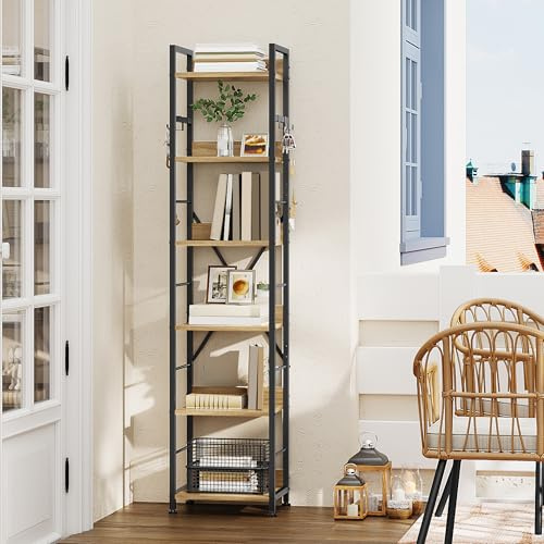 YITAHOME Bücherregal mit 6 Ebenen, bodenstehendes mit 4 Haken, Holzregal und Metallrahmen, industrielles Hochregal zur Aufbewahrung für Wohnzimmer, Heimbüro, Eichenfarbe