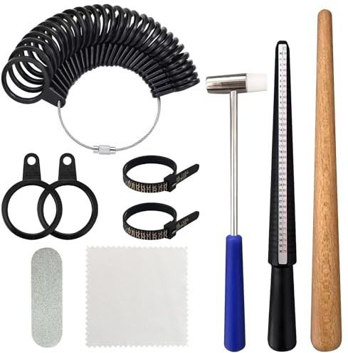 10 Stück Ringgrössenmesser, Ringmesser Finger Werkzeuge für Die Messung, Ring Größenmesser Polierstäbchen, Ring Messer Finger Ringmaßband, Ringgrößenmesser mit Kunststoffhammer Poliertücher