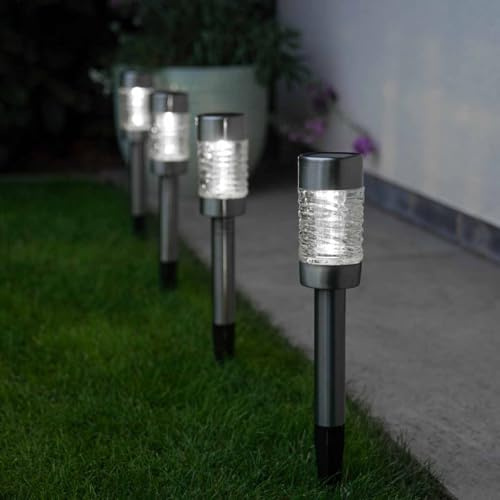 Festive Lights - 4 Stück silberne Solar-Gartenleuchten aus Edelstahl (42 cm Höhe) – doppelte weiße LED, IP44 bewertet – dekorative Außenbeleuchtung mit wirbelndem Design und wiederaufladbarem Akku
