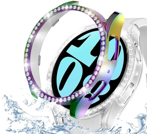 DEALELE [2-pack] klockfodral kompatibelt med Samsung Galaxy Watch 6 40 mm/44 mm, glitter strass diamant skyddande fodral klockskydd ersättning fodral för kvinnor och män, 40 mm, regnbåge transparent