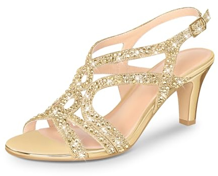 PIZZ ANNU Amelia Sandales Femme Été Confortable Et Nu-Pieds Confort Talon Chic Mariage Chaussures Slingback à Bout Ouvert avec Strass Brillants pour Cérémonie Et Soirée Doré EU 36