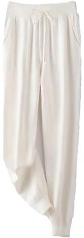 Pantaloni da donna 100% lana tinta unita pantaloni harem lavorati a maglia pantaloni larghi invernali dimagranti carota pantaloni, avorio, M