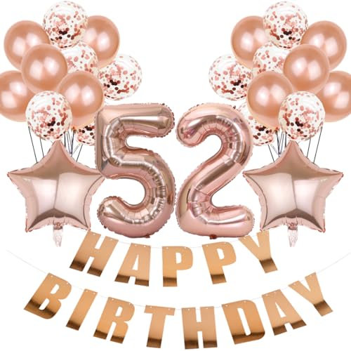 Conruich Luftballon 52. Geburtstag Deko, Roségold Geburtstagsdeko 52 Jahre Frau, Folienballon Happy 52th Birthday Deko 52 Jahre Frau, Happy Birthday Banner für 52. Geburtstag Frauen Party Dekoration