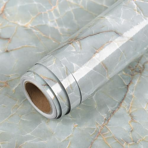 LaCheery Papel Adhesivo para Muebles Verde Vinilo Encimera Cocina Marmol Brillante 60cm x 400cm Vinilo Adhesivo Muebles Efecto Marmol Impermeable Papel Vinilico Cocina Verde para Armario Mesa Baño