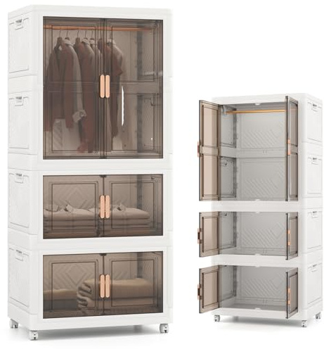 KOMFOTTEU Kleiderschrank mit 2 feststellbaren Rollen, Aufbewahrungsbox aus Kunststoff, mobiler Aufbewahrungsturm mit 10 Kleiderbügeln, 71 x 46 x 156 cm