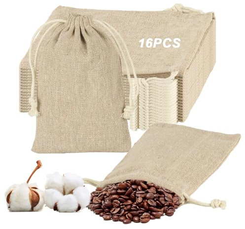 16 Stück Kleine Stoffbeutel mit Kordelzug, Baumwollsäckchen mit Zugband 10 * 15 cm, Stoffsäckchen zum Befüllen, Leinensäckchen Jutesäckchen für Hochzeit Weihnachten Adventskalender zum Befüllen