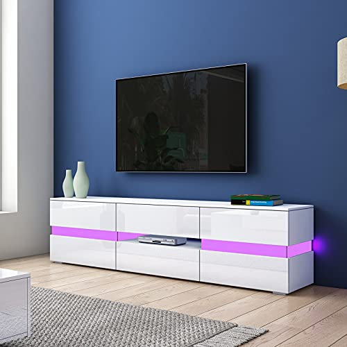 Komtopod TV Tisch für Wohnzimmer, Fernsehschrank Weiß Matt Körper Hochglanz Front TV-Ständer-Einheit mit 2 Türen 1 Schublade TV Schrank 177cm mit LED Beleuchtung