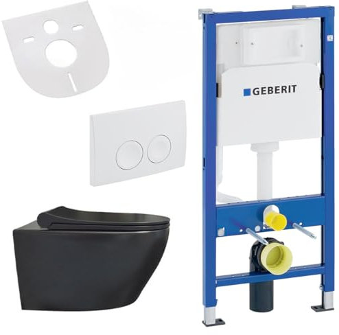 Belvit Set de inodoro colgante negro mate – inodoro sin borde con asiento de cierre suave, elemento de pared UP100, placa de accionamiento, insonorización y válvula de cierre – colgante de pared – de