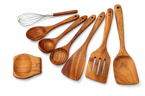 8 Pcs Teak Wooden Utensil Set – Premium Wooden Cooking Utensils Set, Natural Wooden Spoons for Cooking - Sturdy Kitchen Utensils & Cooking Spoons for Every Chef