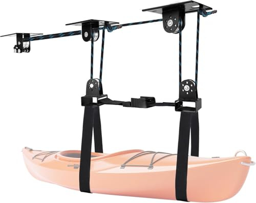 Hikeen Système de Stockage Kayak Plafond: Système de Poulie de Levage pour Kayak Palan Manuel pour Rangement de Kayak avec Capacité de 68KG, Rangement Plafond Garage comme Support Velo Plafond