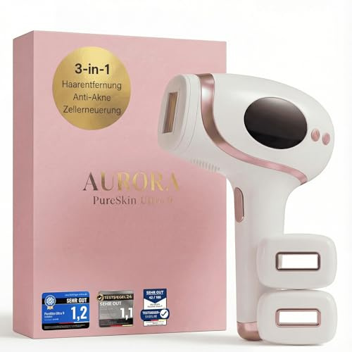 AURORA - PureSkin Ultra 9 - IPL Haarentfernungsgerät, Dauerhafte und Schmerzfreie Haarentfernung für Zuhause - inkl. Seidenbeutel, 2 Aufsätze, Rasierer, Weiß/Roségold