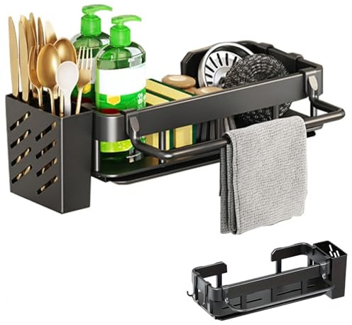 ZESHGON Kitchen Sink Caddy Sponge Holder with Tray, Stainless Steel Sink Tidy Organiser Rack with Brush and Dishcloth Holder,Towel Holder and Divider Gadgets Organizer for Counter, Black
