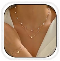 AOWVUTS Set di Gioielli in Perle per Donne Doppio Strato Collana Bracciale con Cuore Pendente Placcato Oro 14k Collana Girocollo Perle Regolabile Parure Gioielli da Sposa per Matrimonio Festa