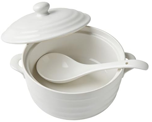 Soppterrin gjord av fint benporslin med lock och slev, stor keramisk serveringsskål (3000 ml) med lock (1200 ml)
