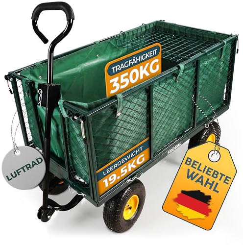 FROSAL Gartenwagen Sam – abnehmbare und klappbare Seitenwände – 350kg Traglast mit Luftreifen – Transportwagen mit Gitter & Plane – Handwagen für Garten, Baustelle & Hof – 200L Volumen – grün