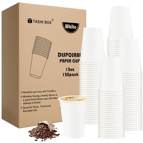 TashiBox 12 oz White Hot Drink Paper Cups - 120 Count - Disposable Paper Coffee Cups