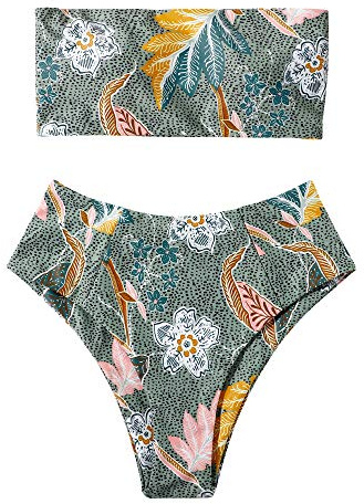 OMKAGI Women Bandeau Swimsuit Plant Floral Cheeky High Cut Thong Bikini Set(M,Green Floral-4405)