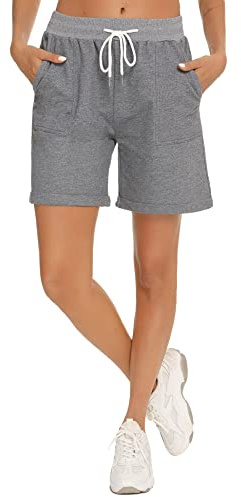 Enjyam Bermudashorts för kvinnor med slag, 100 % bomull, sportiga korta träningsbyxor, lösa strandshorts med ficka för sport, semester, GRÅ, XL