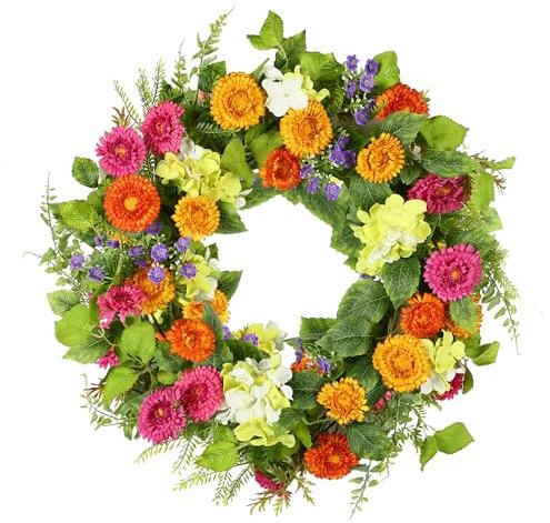 YNYLCHMX Couronne de Porte de Printemps de 50,8 cm avec Marguerites et Feuilles de thé Vert, Couronne de Fleurs artificielles pour Mur, fenêtre, Ferme, fête, Vacances, décoration d'intérieur