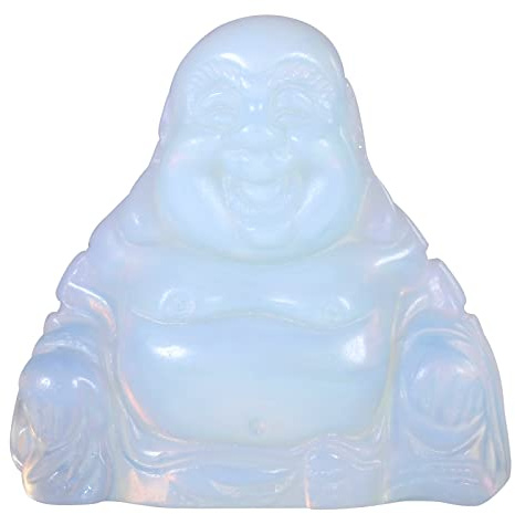 KYEYGWO Opalite Geschnitzte Edelstein Lachender Buddha Figur, Heilung Kristall Glücksbuddha Stein Talisman Maitreyabuddha Statuen Fengshui Skulptur Ornament für Dekoration Glücksbringer