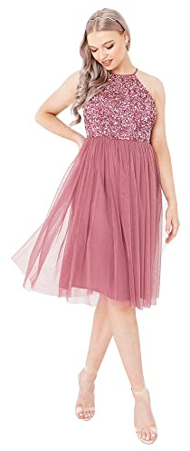 Maya Deluxe Womens Ladies Midi Dress with Halter Neck Tulle for Evening Graduation Prom Wedding Bridesmaids Ball Gown, Vestido de Dama de Honor Mujer, Desert Rose, 6