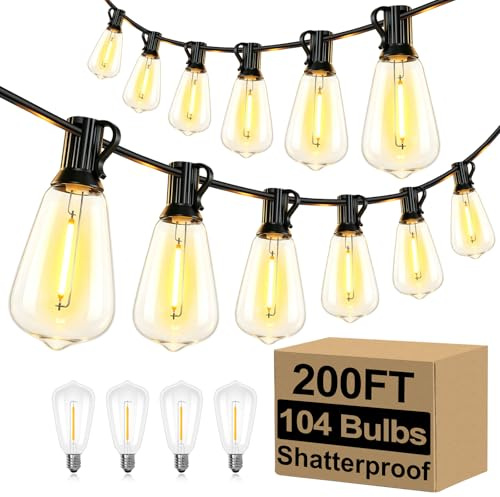 Brightever Outdoor String Lights 200FT Waterproof, Patio String Lights for Outside with 100+4 ST38 Shatterproof LED Filament Bulbs, Dimmable Hanging Lights for Christmas, Party, Cafe (2-Pack 100FT)