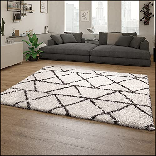 Paco Home Teppich Wohnzimmer, Schlafzimmer/Hochflor Shaggy in versch. Designs Farben und Größen, Grösse:160x230 cm, Farbe:Creme 4