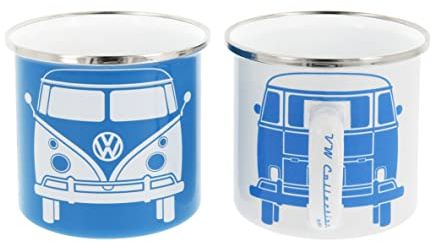 BRISA VW Collection - T1 Bulli Bus Kaffeebecher Emailletasse 2er Set 350 ml | Volkswagen Teetassen mit Henkel, Geschenkkarton Retro Vintage Küche Camping Robust, Emailliertes Stahlblech, Blau/Weiß