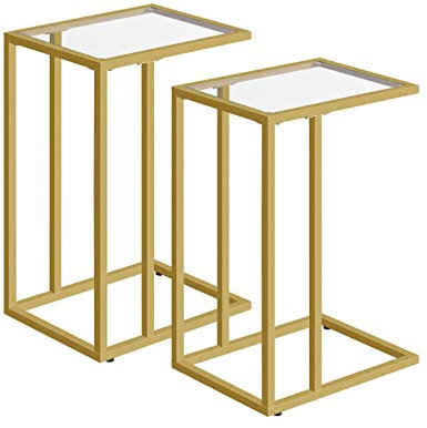 HOOBRO Set of 2 C-Shaped Side Table, Narrow Gold Glass Bedside Table, Under Sofa Tables Small Table with Metal Frame, Coffee Tables for Living Room, Gold EGD03SFP201