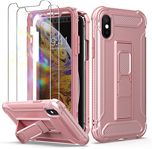 ORETECH [5-in-1 für iPhone XS MAX Hülle, mit [2 Stück Schutzfolie, Ständer, Vordere und Hintere Hülle], Handyhülle iPhone XS Max, [Militärschutz] Stoßfest Schutzhülle Hülle iPhone XS Max, Roségold