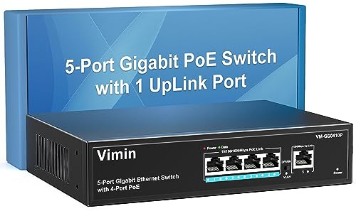 VIMIN 4-Port Gigabit PoE Switch mit 1 Uplink Gigabit Port, 5-Port Unmanaged Ethernet PoE Switch mit 72W Leistung, Unterstützung von IEEE802.3af/at, VLAN, Desktop- oder Wandmontage, Plug & Play