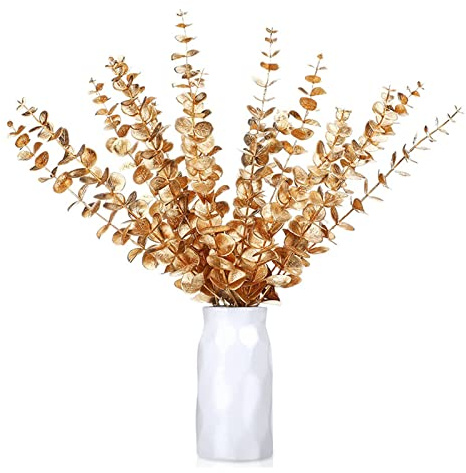 24 Pièces Branche Artificielle Déco Doré Faux Eucalyptus Feuilles Feuilles D'eucalyptus Déco Branche Déco Eucalyptus pour la Décoration de Table de Maison de Fête de Célébrations de Mariage