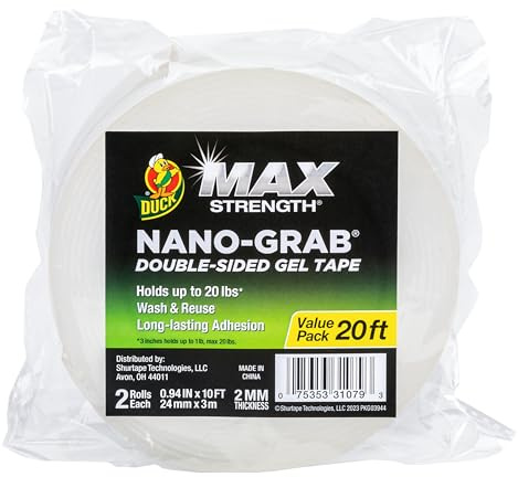 Duck Max Strength Double-Sided Gel Tape with Nano-Grab Technology, Heavy Duty, Multi-Purpose & Removable Adhesive, 0.94 in. x 10 ft, Clear, 2 Rolls