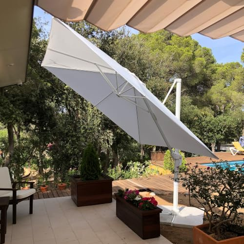 PURPLE LEAF Ombrellone da Giardino Esterno 3 X 3 m con Base a Croce, Parasole con Manovella 8 Stecche in Alluminio Tela 240 g/m² Protezione UV 50+, Inclinabile e Rotabile a 360°, Bianco