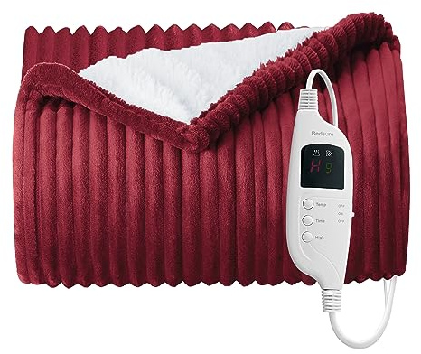 BEDSURE Heating Blanket 130x180 Heizdecke mit Abschaltautomatik, Gestreift Elektrische Wärmedecke 10 Stunden Timer & 6 Heizstufen mit Überhitzungsschutz, Rot
