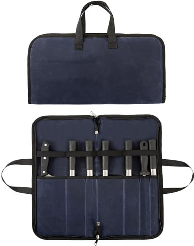 Chefs Knife Roll Bag, 16OZ Waxed Canvas Knife Bag, Portable 7 Slots Knife Case, Multi-Function Cutlery Knives Pouch Holder Knife Wrap Wallet Storage Bag for Home Kitchen Traveling Camping (Blue)