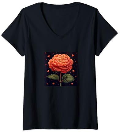 Donna Begonia Fiori Con Cuori Intorno Stile Boho Grafica Maglietta con Collo a V