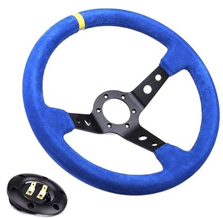 Sportlenkrad,Drift Lenkrad Universallenkrad blau Leder schwarz Alurahmen Deep Concave Lenkrad Spiellenkrad mit Hupenknopf