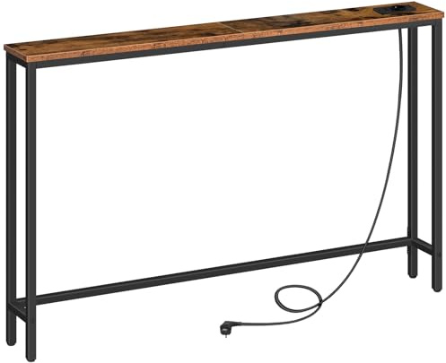 HOOBRO Konsolentisch mit Steckdosenleiste und USB-Anschlüssen, schmaler Konsolentisch mit Ladestation, Beistelltisch, für Foyers, Flure, Vintagebraun und Schwarz EBF15CXG01G1