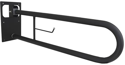 CM BAÑOS - Barra Abatible de Acero con Portarrollos Incorporado, Barra Baño Minusválido, Barra WC Seguridad Giratoria y Plegable a Pared, Negro Mate, 73 cm
