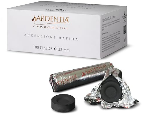Ardentia - 100 Carboncini per Incenso, Ideali per Incensi in Grani, Resine e Foglie, Naturali e Vegetali al 100%, Accensione Rapida, Lunga Durata, 100 Pezzi da 33mm, Charcoal Tablets