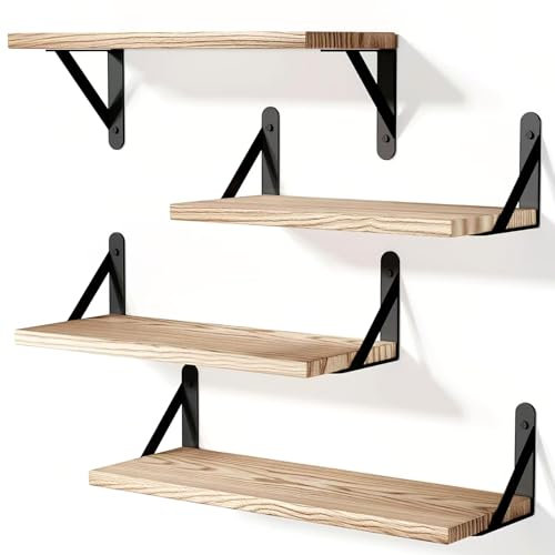 Qaxinmi Wandregal Holz und Metall, 4er-Set Schweberegale mit 3 Montagemöglichkeiten – Dekoregal zur Wandmontage für Wohnzimmer, Küche, Schlafzimmer, Badezimmer und Büro