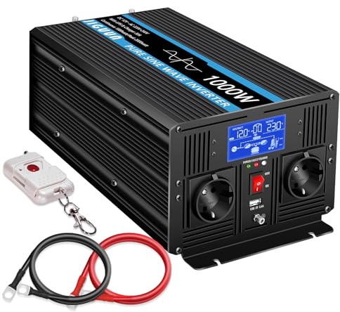 JIGUUN 1000W Convertisseur 12V 220V Pur Sinus avec Chargeur 30A et Priorité Secteur et UPS Onduleur，2 Prises EU，Télécommande sans Fil et Affichage LCD Puissance de crête 2000W