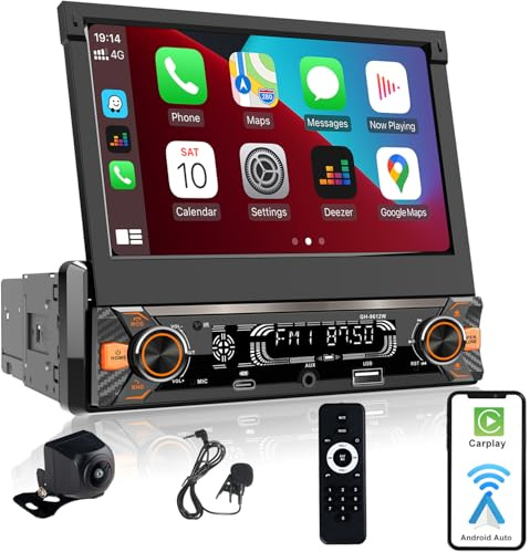 Alondy Autoradio 1DIN mit Ausklappbarer Bildschirm(7 Zoll automatisch), Kompatibel mit [Wireless] Apple CarPlay/Android Auto Bluetooth Typ-C USB(3A Schnellladung) AM/FM/RDS Radio Rückfahrkamera AUX