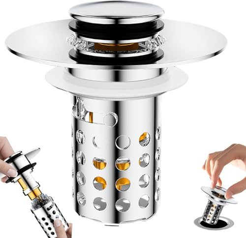 Upgraded 3 in 1 Bathroom Sink Plug Sink Strainer Stopper | Universal Pop Up Sink Plug Replacement with Removable Filter Basket Hair Catcher for 28-40mm Basin Hole Brass Bullet Core