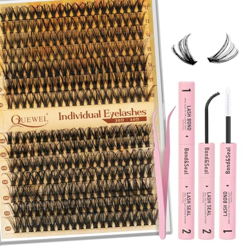 Quewel 280 PCS 30+40D Extension-Cils, longueurs mixtes 12-18 mm Faux-Cils, grappes de cils épais avec colle et pince à cils, bricolage facile à la maison (LS- 30+40D)